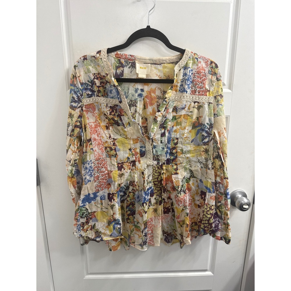 Maeve Anthropologie Patchwork Floral Lace Trim Peplum Blouse Multicolor Size 10